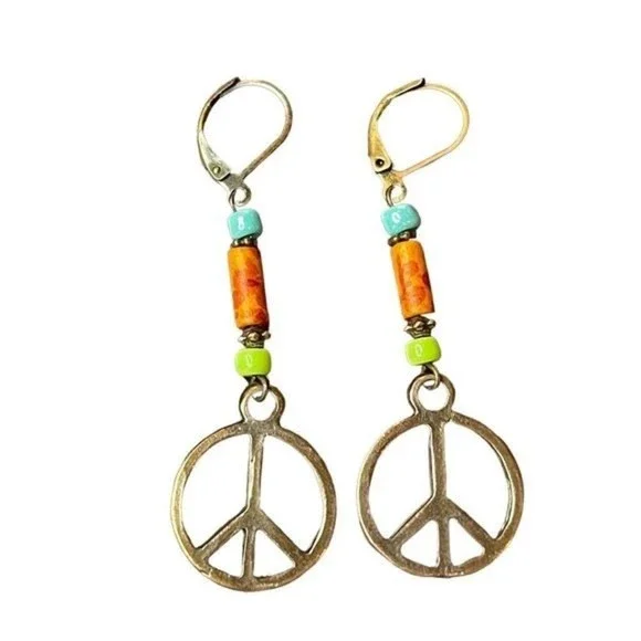 Hand Crafted Artisan Earrings Copper Peace Sign Hippie Boho Colorful # 184 - Picture 4 of 7